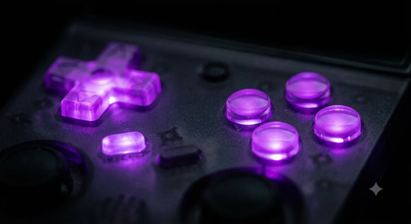 Macro photograph of a handheld's control face under violet light: a translucent d-pad on the left, four translucent round face buttons on the right, and two dark analog stick caps at the lower edge.