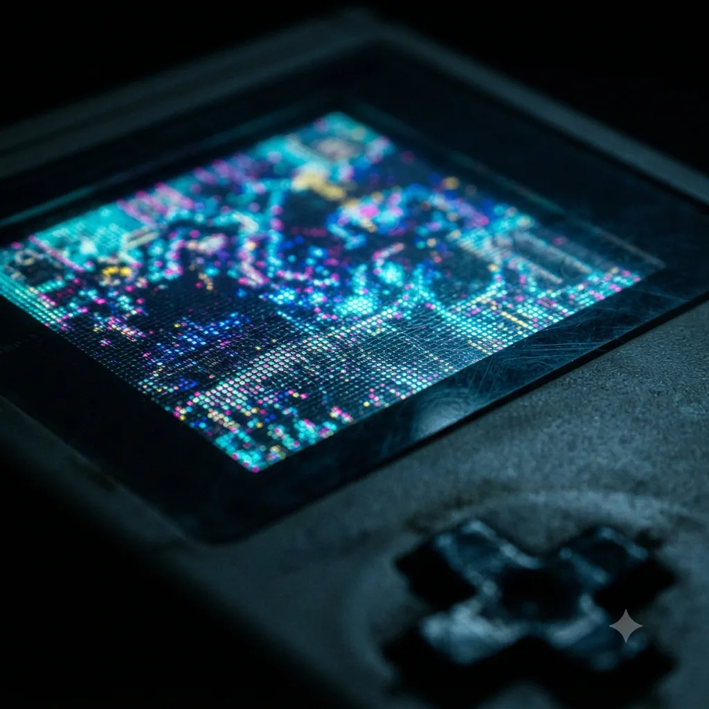 Extreme close-up of a small handheld's lit screen, where the individual pixels separate into a visible grid of discrete coloured dots, above a scuffed grey plastic shell and d-pad.