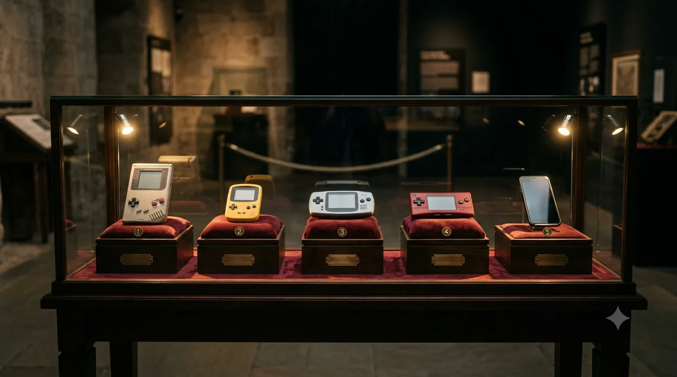 Five generations of handheld gaming hardware displayed in a lit glass museum case, each device standing on its own numbered velvet plinth.