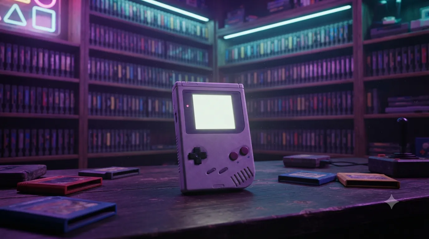 A grey classic handheld with a glowing screen standing on a wooden desk in a neon-lit game den, surrounded by cartridges and shelves of game boxes.