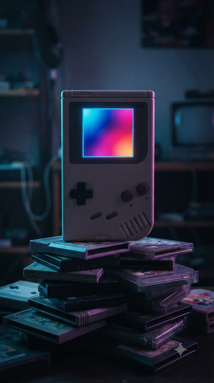 A grey classic handheld with a vividly glowing colour screen standing on a stack of game cartridges in a dim, neon-lit room.